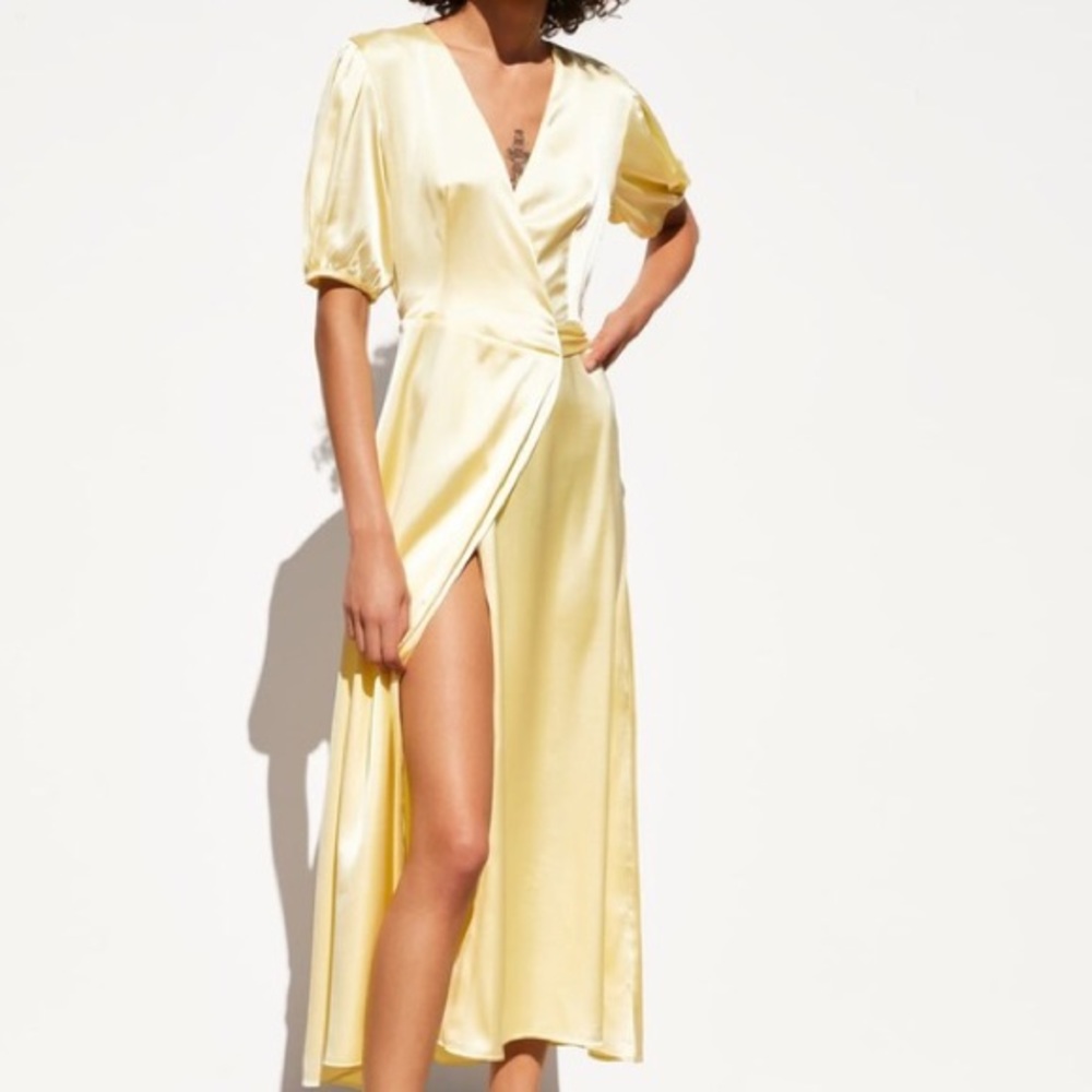 Zara Puff Sleeve Yellow Satin Wrap Midi Dress